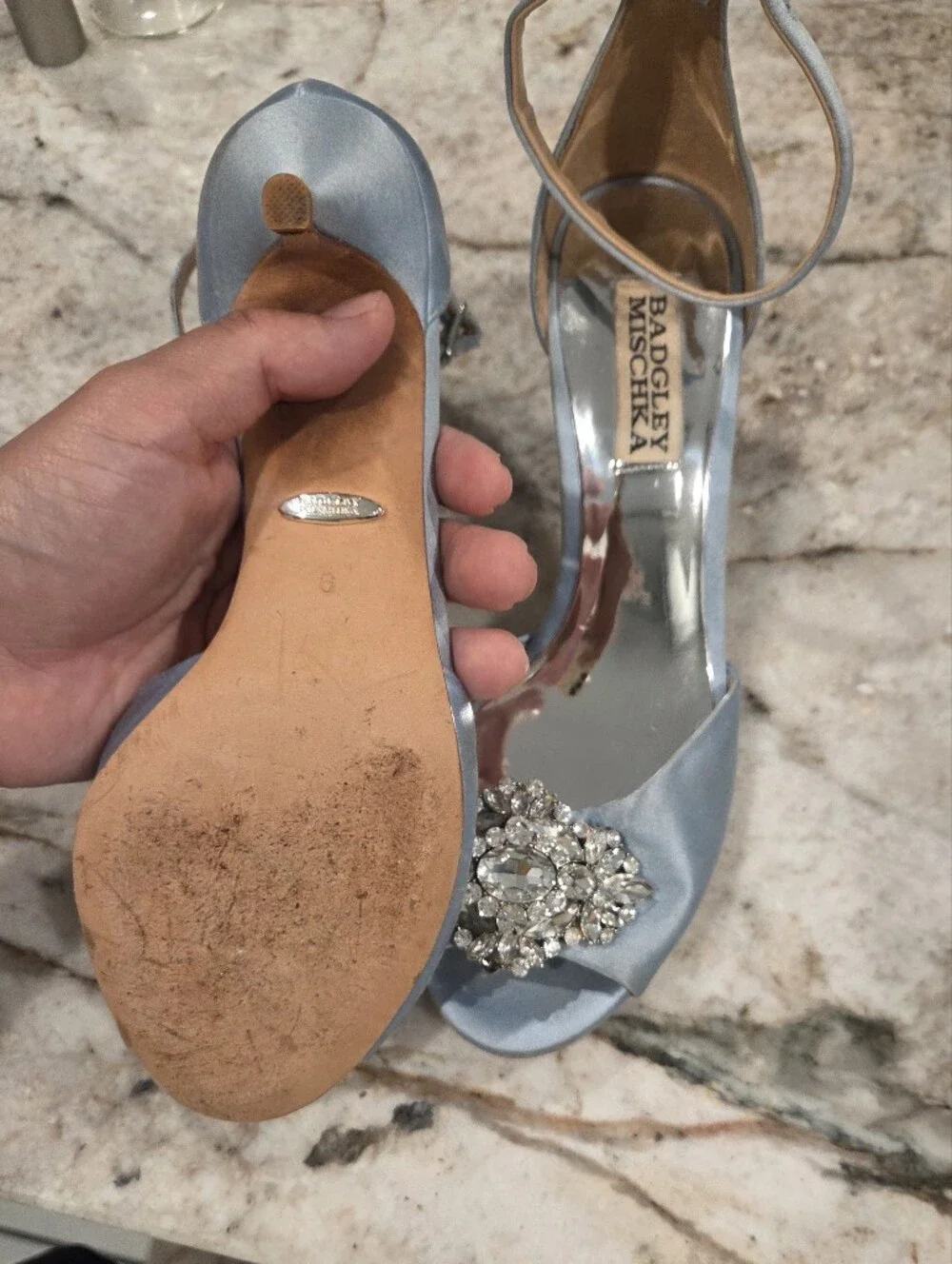 Badgley Mischka Silver Satin Crystal-Embellished Ankle-Strap Heels